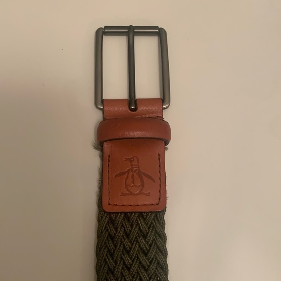 ORIGINAL PENGUIN MEN’S BROWN LEATHER AND ARMY GREEN STRETCH BELT 34/36 - Picture 1 of 3
